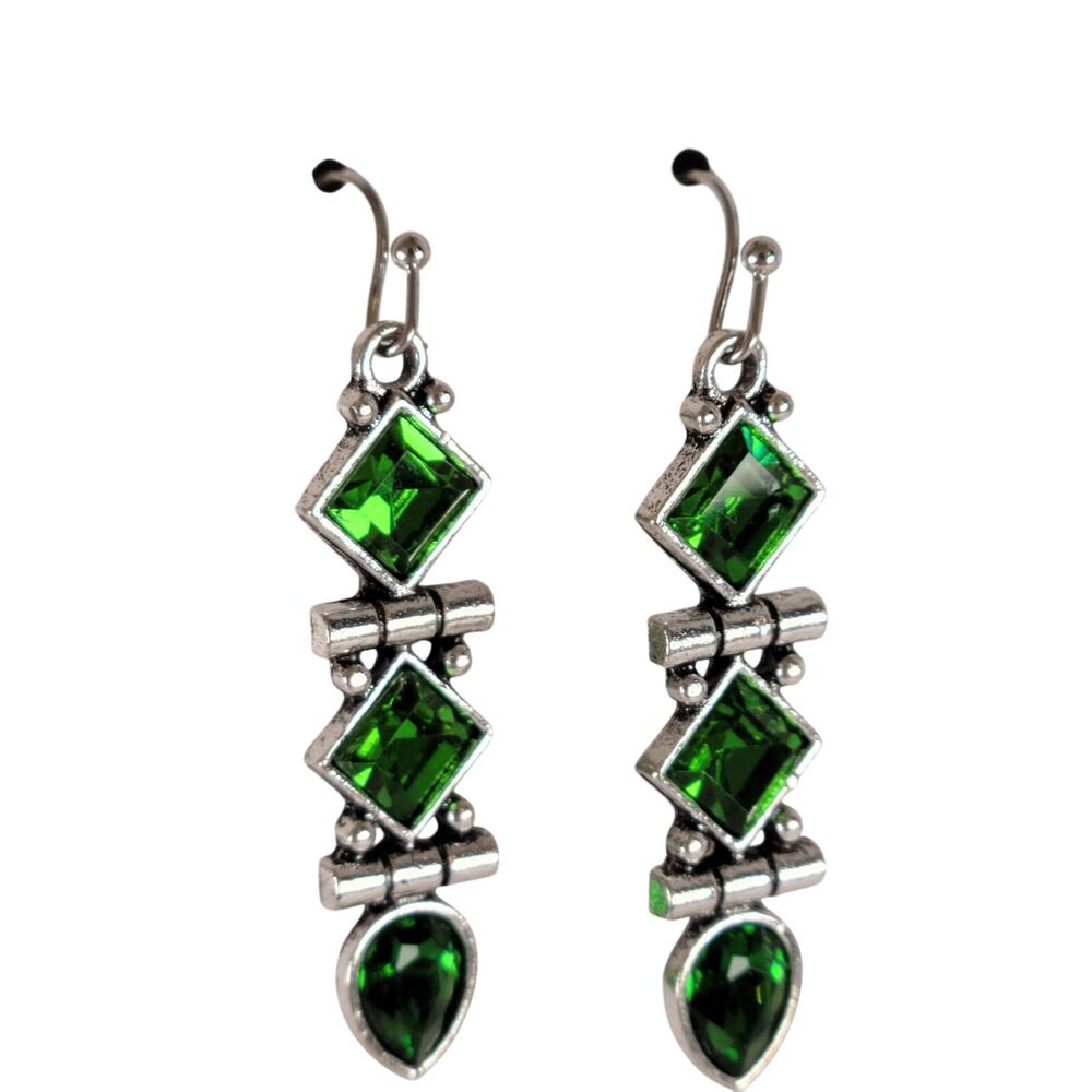 Green Rhinestone Dangle Earrings Silver Tone Geometric Teardrop NWT
